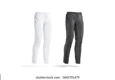 Blank Black And White Sport Pants Mockup, Side View, 3d Rendering. Empty Jogging Leggings Or Trackpants Mock Up, Isolated. Clear Fleece Costume For Sporty Training Or Gym Template.