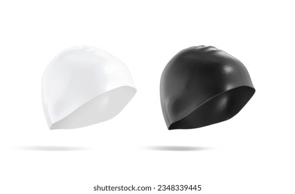 Blank black and white sport swim cap mockup, side view, 3d rendering. Empty sporty swimwear accessory for head protective mock up, isolated. Clear neoprene sport skin-tight headgear. 3D Illustration - Powered by Shutterstock