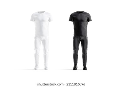 Blank Black And White Sport Uniform Mockup, Front View, 3d Rendering. Empty Coach Or Team Sporty Suit With T-shirt Anf Trackpants Mock Up, Isolated. Clear Jersey Football Or Tennis Tracksuit Template.