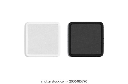 Blank Black And White Square Embroidered Patch Mockup, Top View, 3d Rendering. Empty Embroidery Attachment Mock Up, Isolated. Clear Textile Badge With Stitches Template.