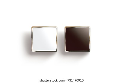 Blank Black And White Square Gold Lapel Badge Mock Up, Top View, 3d Rendering. Empty Luxury Hard Enamel Pin Mockup. Golden Clasp-pin Design Template. Expensive Square Brooch For Logo Presentation