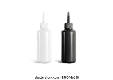 Blank Black And White Squeeze Sauce Bottle Mock Up Set, Isolated. Empty Spicy Bbq Or Mayo Sause Pack For Burger Or Beef Mockup, Front View. Clear Hot Catchup Tube Mokcup Template.