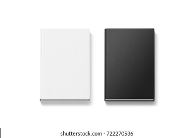 Blank Black And White Tissular Hardcover Books Mock Ups, Top View, 3d Rendering. Empty Notebook Cover Mockups, Isolated. Bookstore Branding Template. Plain Textured Textile Textbooks From Above.