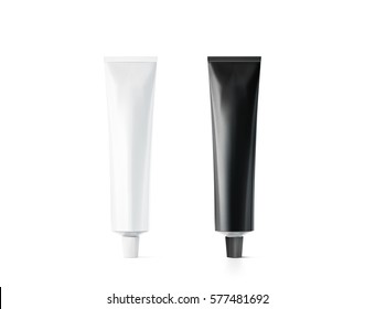 Blank black and white tube mockup, 3d rendering. Clear paint or cream pack design mock up. Clean ointment gel bottle template set, stand front view. Empty paste packaging cover. Plastic package