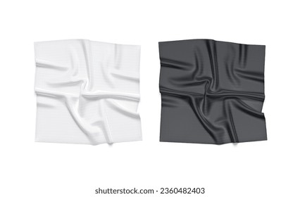 Blank black and white twill silk scarf mockup, top view, 3d rendering. Empty tweed or silken headscarf accessories mock up, isolated. Clear fabric or chiffon square neckerchief cover template.