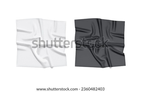 Blank black and white twill silk scarf mockup, top view, 3d rendering. Empty tweed or silken headscarf accessories mock up, isolated. Clear fabric or chiffon square neckerchief cover template. Foto d'archivio © 