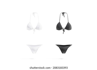 Blank black and white woman bikini mockup, front view, 3d rendering. Empty bra and swimming trunks model for pool mock up, isolated. Clear female beach tankini with top and underpants template.