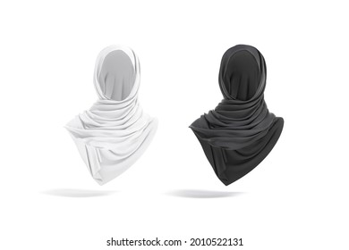 Blank Black And White Woman Muslim Hijab Mockup, Front View, 3d Rendering. Empty Arabic Or Islamic Female Headwear Mock Up, Isolated. Clear Chiffon Religious Burka For Head Template.