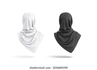 Blank black and white woman muslim hijab mockup, back view, 3d rendering. Empty eastern or arabian headwear mock up, isolated. Clear fabric or veil female head-covering template.