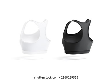 Blank Black And White Woman Sport Top Mockup, Isolated, 3d Rendering. Empty Under Waist Muscle Tanktop Mock Up, Back Side View. Clear Female Fit Undershirt Or Lingerie Bra Template.