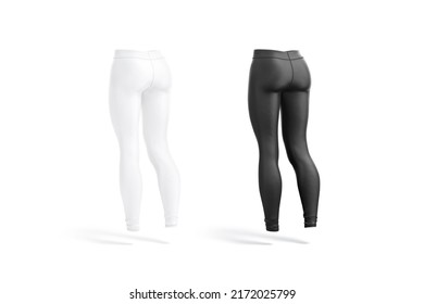 Blank Black And White Women Leggings Mockup, Back Side View, 3d Rendering. Empty Fleece Stretch Sport Legging Mock Up, Isolated. Clear Uniform Pants Or Stockings Sportswear Template.