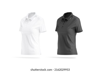 Blank Black And White Women Polo Shirt Mockup, Side View, 3d Rendering. Empty Textile T-shirt Or Undervest For Female Wear Mock Up, Isolated. Clear Poloshirt Model With Collar And Button Template.