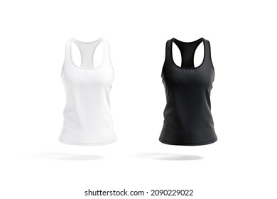 Blank black and white women racerback tank top mockup, isolated, 3d rendering. Empty cut-out jersey t-shirt mock up, front view. Clear textile sleeveless sport apparel template.
