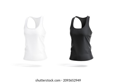 Blank black and white women racerback tank top mockup, isolated, 3d rendering. Empty synthetic sporty halter t shirt for woman mock up, side view. Clear basic jersey undershirt template.