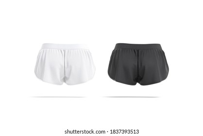 Blank Black And White Women Shorts Mockup, Back View, 3d Rendering. Empty Sporty Swimwear Or Training Panties Mock Up, Isolated. Clear Breathable Nylon Trunks For Soccer Template.