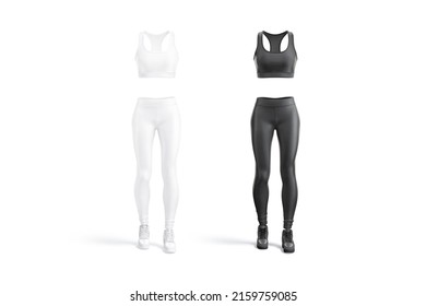 Blank Black And White Women Sport Uniform Mockup, Front View, 3d Rendering. Empty Athletic Jersey Bra And Leggings Mock Up, Isolated. Clear Woman Fabric Tracksuit For Fitness Template.