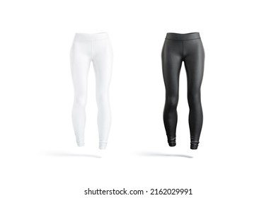 Blank Black And White Women Sport Leggings Mockup, Front View, 3d Rendering. Empty Fleece Breeches Uniform For Training Mock Up, Isolated. Clear Jersey Stretch Legging Or Capris Template.