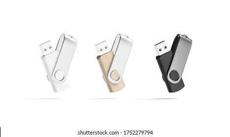 Blank Black, White And Wood Opened Usb Stick Mockup, No Gravity, 3d Rendering. Empty Micro Information Transfer Mock Up, Isolated. Clear Private Memory Flashcard With Cap Mokcup Template.