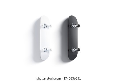 Blank Black And White Wood Skateboard Mockup Set, Back Side, 3d Rendering. Empty Longboard Bottom Panel With Wheels Mock Up, Top View, Isolaled. Clear Extremal Teenager Sport Mokcup Template.