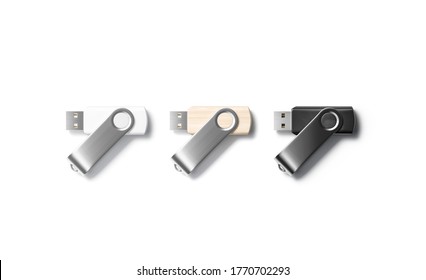 Blank Black, White And Wood Usb Stick Mockup, Top View, 3d Rendering. Empty Connect Micro Flashcard Mock Up, Isolated. Clear Portable Pendrive Or Adapter For Backup Information Mokcup Template.