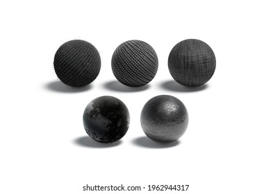 Blank Black Wicker, Knitted, Canvas, Velvet And Leather Ball Mockup, 3d Rendering. Empty Wool, Derma, Velour Glob Model Mock Up, Isolated. Clear Round Fabric Material Template.