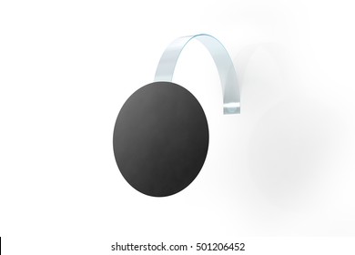 Blank black wobbler hang on wall mock up, clipping path, 3d rendering. Space round paper mockup on plastic transparent strip. Clear price sticker circle shape. Pricing tag label template isolated.