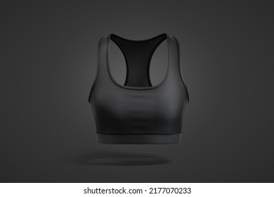 Blank Black Woman Sport Top Mockup, Dark Background, 3d Rendering. Empty Muscle Slim-fitting Tanktop Mock Up, Front View. Clear Sleeveless Scoop Bra Or Undershirt For Fitness Template.