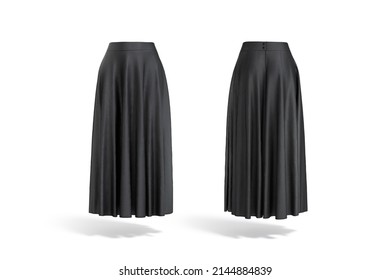 Blank black women maxi skirt mockup, front and back view, 3d rendering. Empty elegant pleated jersey sarong mock up, isolated. Clear loose asymmetric petticoat for lady outfit template.