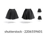 Blank black women mini skirt mockup, different views, 3d rendering. Empty elegant short a-line dress mock up, isolated. Clear loose draped female petticoat or drape skirts template. 3D Illustration