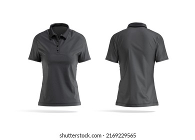 Blank Black Women Polo Shirt Mockup, Front And Back View, 3d Rendering. Empty Classic T-shirt With Collar Mock Up, Isolated. Clear Sport Poloshirt With Button For Female Sportswear Template.