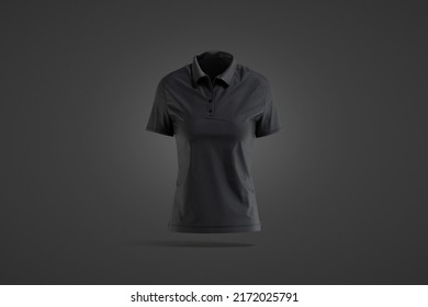 Blank Black Women Polo Shirt Mockup, Dark Background, 3d Rendering. Empty Fabric Casual Poloshirt With Buttons Mock Up, Front View. Clear Golf Of Football Tshirt For Female Outfit Template.