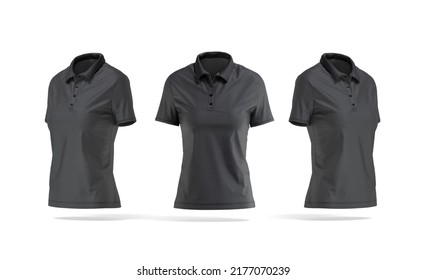 Blank Black Women Polo Shirt Mockup, Front And Side View, 3d Rendering. Empty Classic Cotton Poloshirt With Collar Mock Up, Isolated. Clear Female T-shirt With Button For Football Or Golf Template.