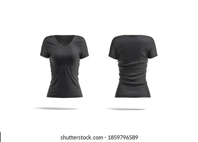 Blank Black Women Slimfit T-shirt Mockup, Front And Back View, 3d Rendering. Empty Cotton Or Spandex T Shirt For Fitness Mock Up, Isolated. Clear Woman Basic Jersey Uniform Template.