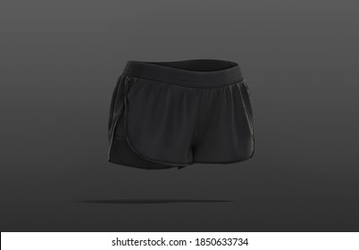 Blank Black Women Sport Shorts Mock Up, Dark Background, 3d Rendering. Empty Mini Jersey Swimwear Mockup, Side View. Clear Fabric Breathable Trunks Or Pant For Fitness Template.