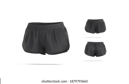 Blank Black Women Sport Shorts Mockup, Different Views, 3d Rendering. Empty Mini Briefs Or Pants For Tennis Or Soccer Mock Up, Isolated. Clear Woman Fabric Sportswear Template.