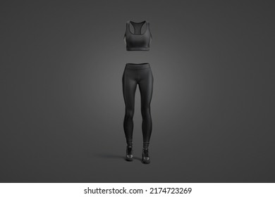 Blank Black Women Sport Uniform Mockup, Dark Background, 3d Rendering. Empty Athletic Tanktop And Leggies For Gym Mock Up, Front View. Clear Woman Fabric Tracksuit For Training Template.