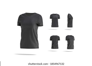 Blank Black Women T-shirt Mock Up, Different Views, 3d Rendering. Empty Female Basic Tee-shirt Vest Mockup, Isolated. Clear Daily Cotton Garment For Female Wardrobe Template.