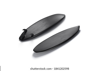 Blank Black Wood Surfboarf With Fins Mockup, Front And Back, 3d Rendering. Empty Longboard For Ocean Or Sea Surfriding Mock Up, Isolated. Clear Sport Balance Deck For Training Template.