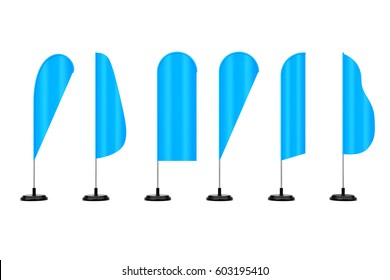Blank Blue Banner Feather Flag Stands On A White Background. 3d Rendering. 