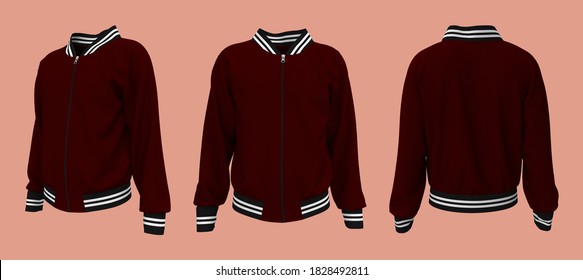 Blank bomber jacket mockup isolated on pink background. in front, side, and back views, 3d rendering, 3d illustration