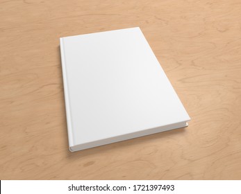 Blank Book Cover Mock Up On Wooden Background. Wide Angle Side View In Perspective . 3d Illustration