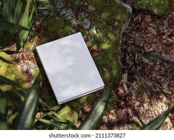 Blank Book Model On Mossy Rock, Notebook Mockup, Mockup On Nature Background 3d Illustration 01