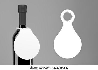 Blank bottle pop out neck hanger promotion label tag for branding wine product in glass bottle design with label diecut layout scheme, 3d render