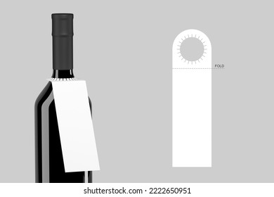Blank bottle pop out neck hanger promotion label tag for branding wine product in glass bottle design with label die cut layout scheme, 3d render