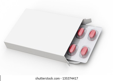 Blank box of red pills on white background