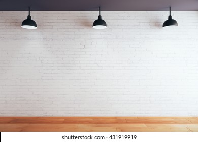 Blank brick wall in room with wooden floor and ceiling with lamps. Mock up, 3D Rendering
