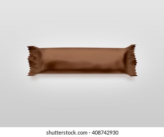 Blank Brown Candy Bar Plastic Wrap Mockup Isolated. Empty Chocolate Bar Packaging Wrapper Template. Choco Factory Logo Branding Candybar Package Mock Up. Sweet Pastry Shop Energy Bar Cover Container.