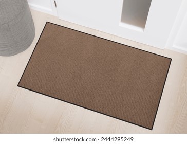 Blank brown door mat on wooden floor, perfect for showcasing custom designs or logos in an urban home setting. Welcome mat with copy space. Doormat mock up. Carpet at entrance. 3D. 3D Illustration