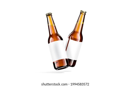 Blank brown glass beer bottle white label mockup, no gravity, 3d rendering. Empty amber drink pack with sticker mock up, isolated. Clear unopened lager or suds fresh beverage template.