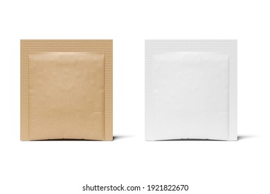 Blank brown and white paper sugar square sachet packs isolated on white background. 3D rendering mockup.